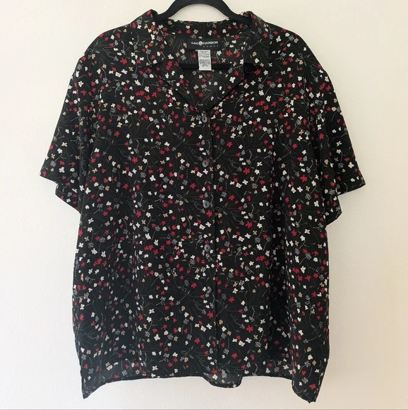 Vintage Sag Harbor Black Floral Button Up Collared Top sz 1X 90s Casual - Picture 1 of 8